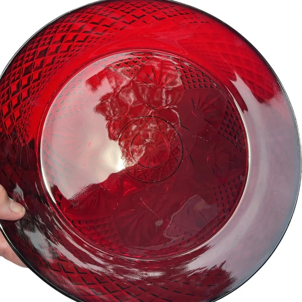 Cristal D'Arques-Durand Set of 2 Ruby Red Glass Plate Diamond & Star Pattern OS